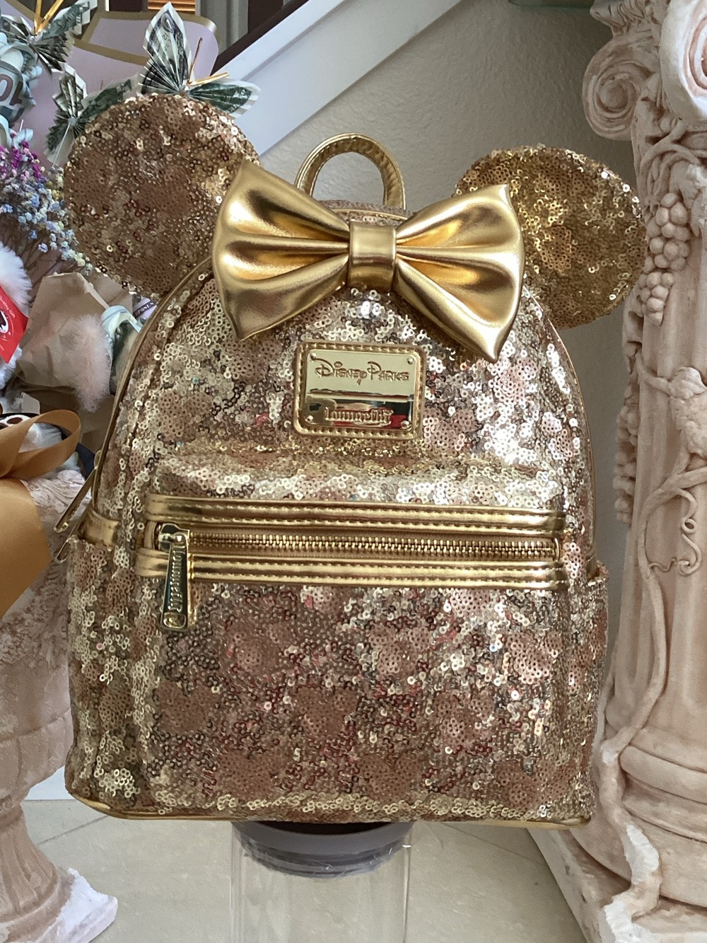 Disney Rose Gold Sequin Minnie Backpack with Metallic Bow